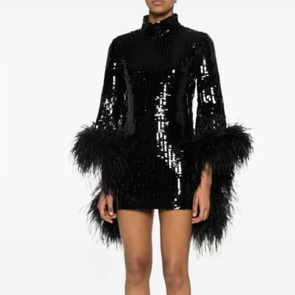 Elegant Black Sequin Dress with Feather Accents